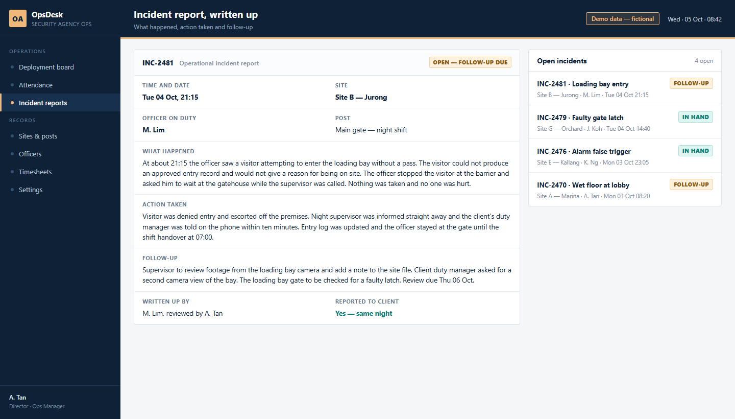 Incident report, written up
